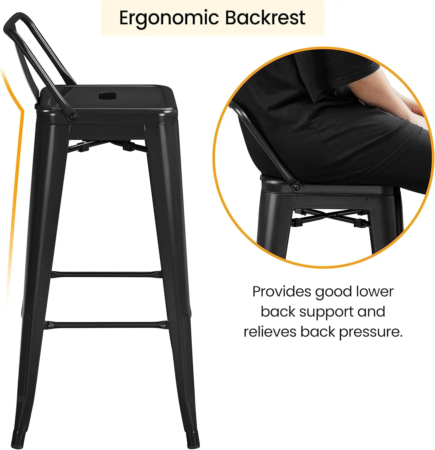 Набор из 4 барных стульев, металлическая высота стойки, промышленные кухонные стулья 30 футов со спинкой и подставкой для ног, матовый черный