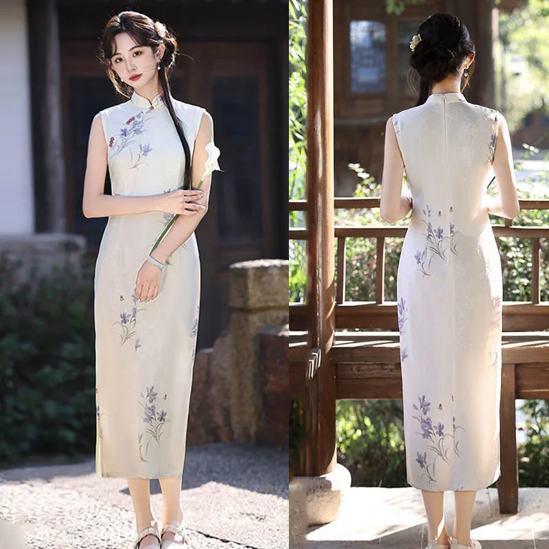 

women bride wedding qipao elegant white print flower cheongsam lace sleeveless dress mid length vestidos mandarin collar