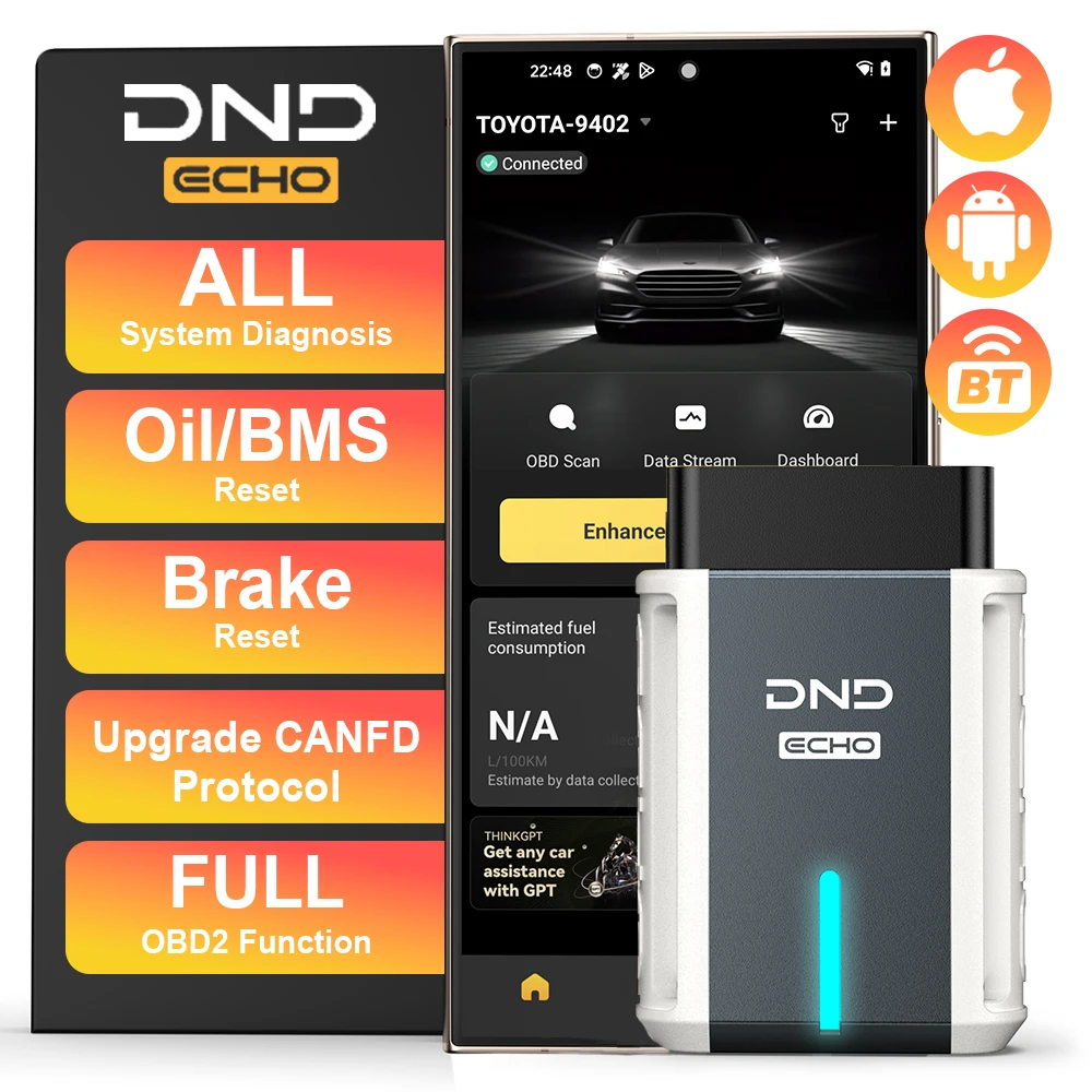 

DND ECHO OBD2 Scanner Bluetooth All System Car Diagnostic Tool with 3 Reset Service Oil BMS EPB Reset Code Reade for Android IOS