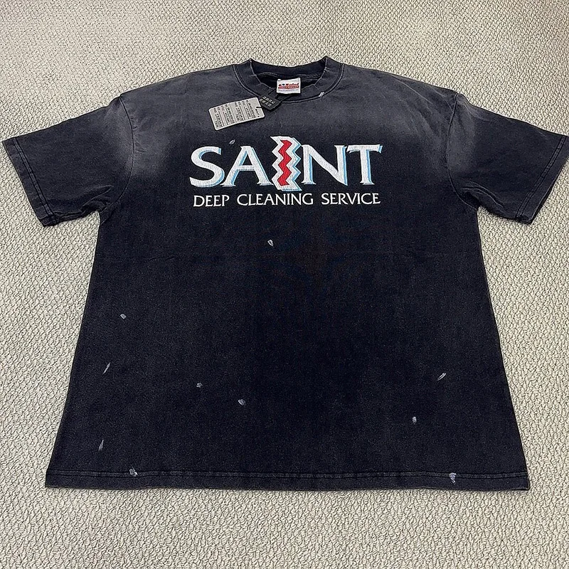 26SS Classic Cracked Letters Logo Ghost Print Saint T-Shirt Washed Black Splash-Ink Damaged Tee Top Quality Cotton Loose T Shirt