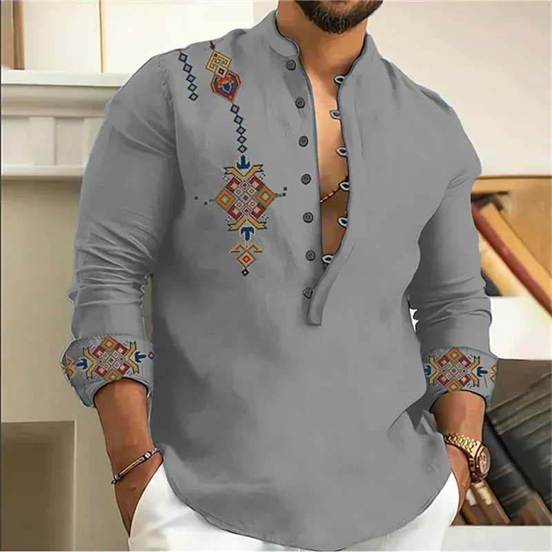 

Men's Geometric Print Long Sleeve Linen Shirt Stand Collar Casual Slim Fit Fashionable 16 Colors Cross-Border Bestseller