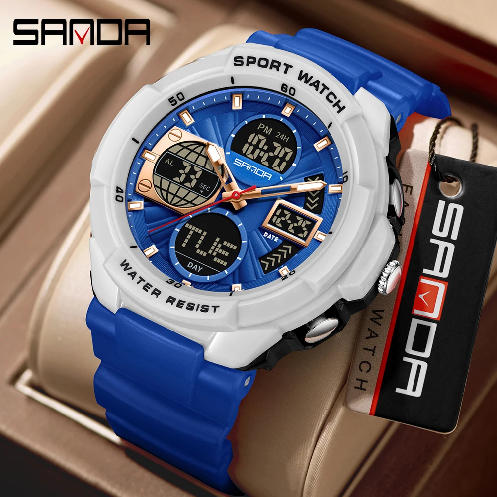SANDA 6298 brand casual men's sports watch backlight 50M anti student alarm clock dual display digital watch