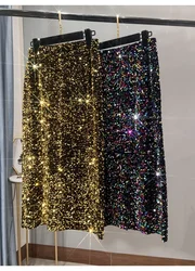 2024 New Thickened French High-waisted Slim, Versatile Mid-length Skirt with Hip Wrap Slit Black Sequin Skirt for Women