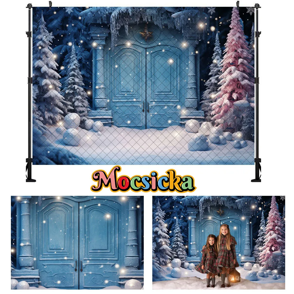 Mocsicka Princess Photography Background Maternity Dresses Photoshoot Winter Christmas Backdrop Door Snow Xmas Tree Party Decors