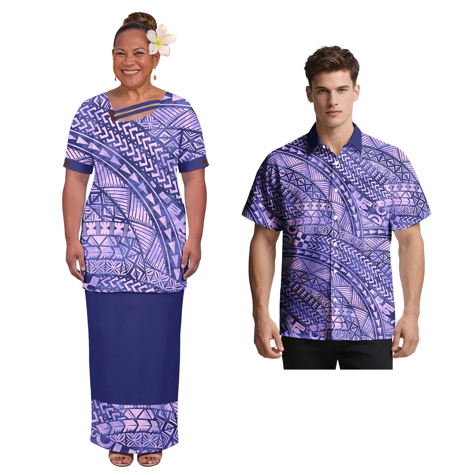 Latest Design Polynesian Women Asymmetric Neckline Puletasi Dress Men Beach Casual Shirts Samoan Church Matching Couple Outfits