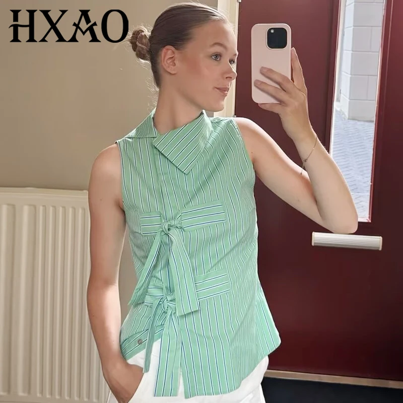 HXAO Striped Bow Blouse Women's Shirt Summer 2026 Green Asymmetric Crop Fitted Sleeveless Vests For Women Chic Vacation Shirts