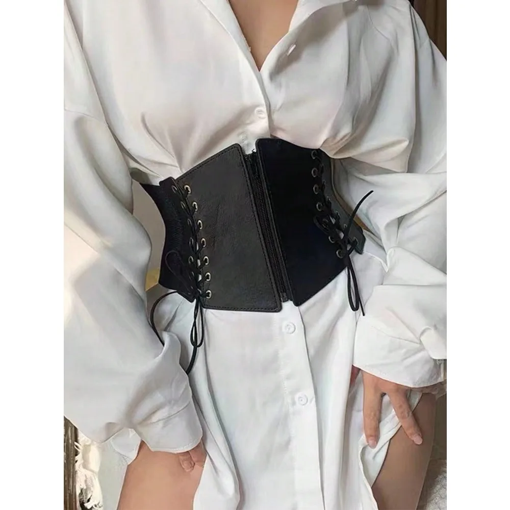 Sabuk Korset Depan Berenda Aksesori Pelatih Pinggang Halloween untuk Wanita Pakaian Negara Cowgirl Barat Sabuk Hitam Antik