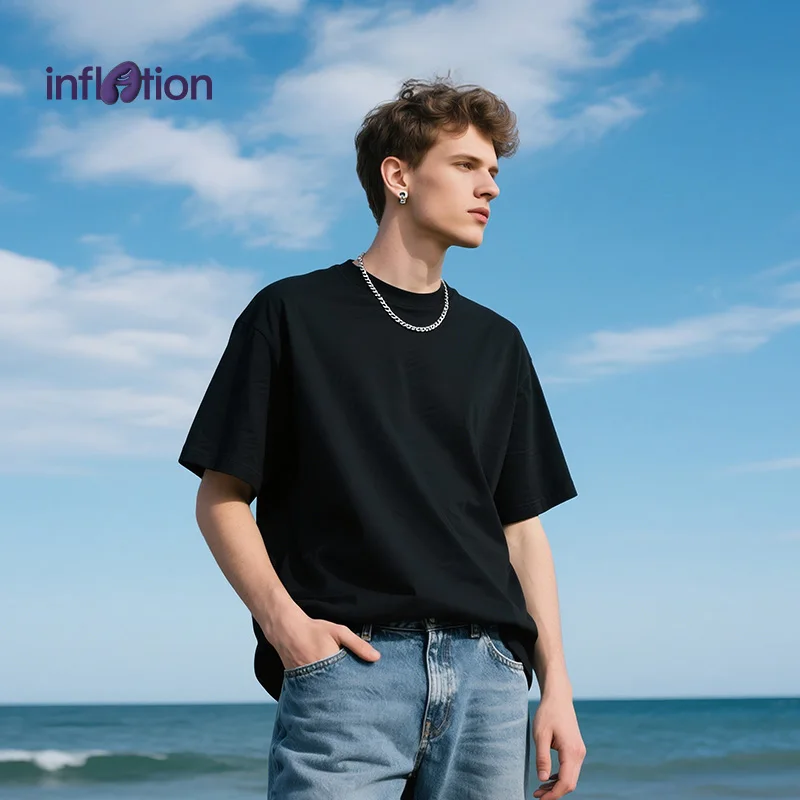

INFLATION Drop Shoulder Black T-Shirt 100% Cotton Minimalist Streetwear Tee Unisex Oversized Solid Short Sleeve