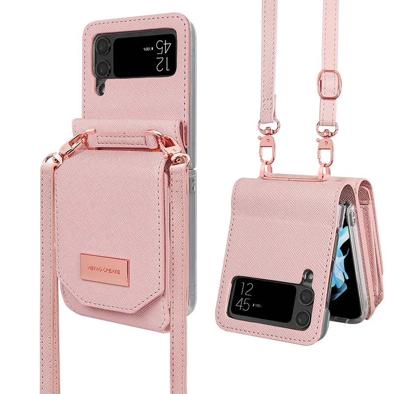 

Vietao-Pink Lanyard Leather Wallet for Samsung, Mobile Phone Case, Cross Body Cover with Strap, Samsung Z Flip 4 3 Galaxy Z4 Z3