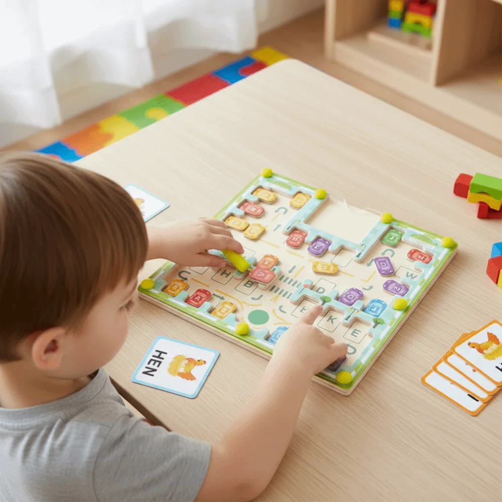 Labirinto de palavras coloridas magnéticas de madeira, 26 letras em inglês, letras para prática de ortografia, quebra-cabeça portátil montessori