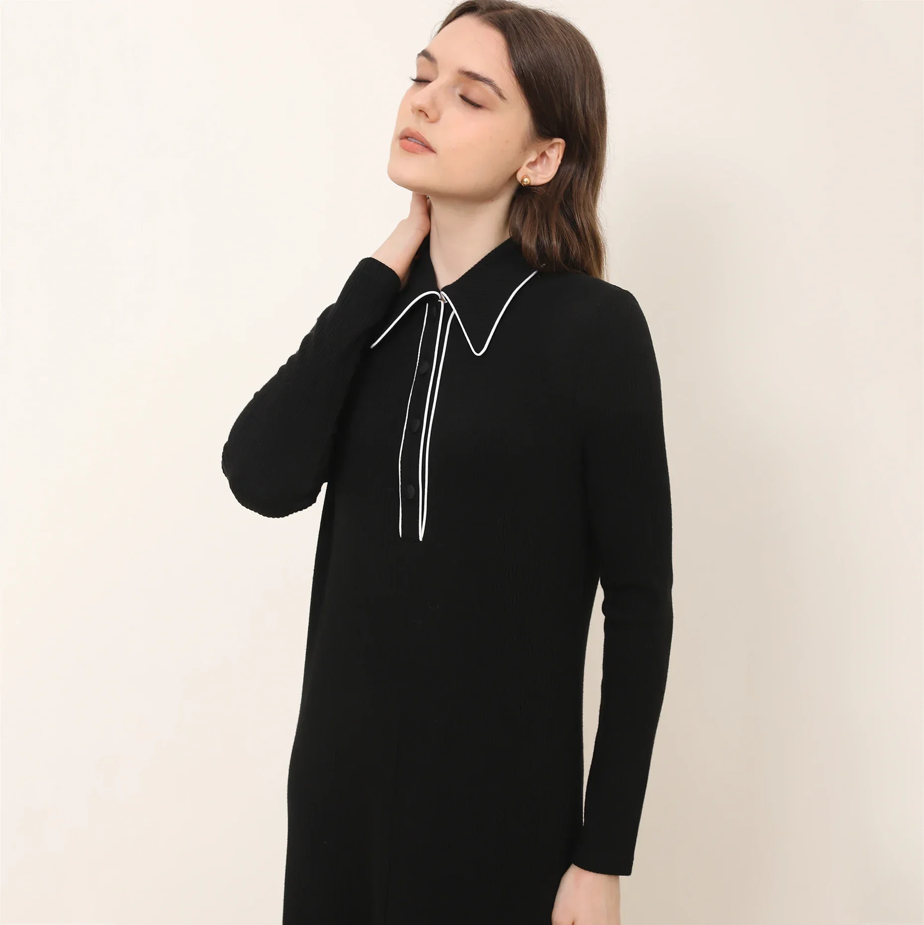 AP 25AW Women Turn Down Collar Maxi Dress Casual Rib Knit Clothing Fashion Imitation wool