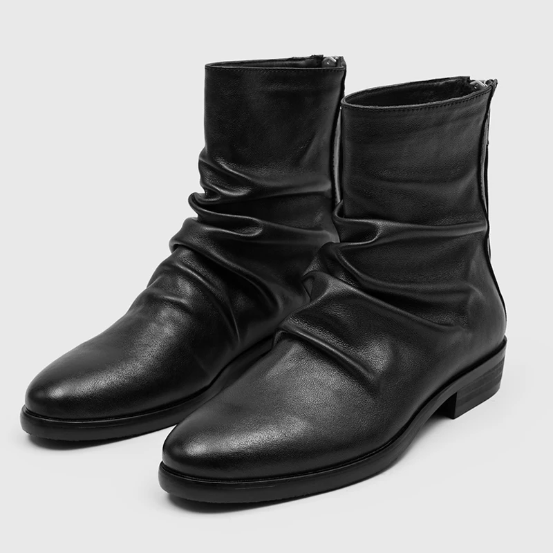 Retro Men Chelsea Boots Black Mid Heel Back Zipper High-quality Casual Business Men Boots Outdoor Training Boots Sizes 38-46
