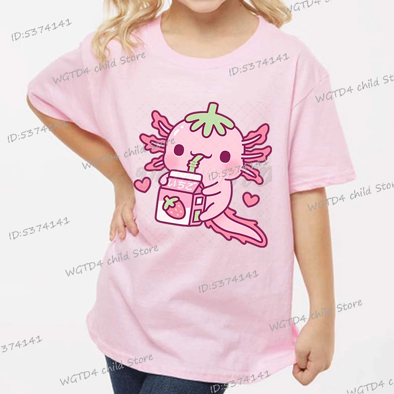 Cute Axolotl Loves Drinking Strawberry Milk Tshirt Girls Boys Kawaii Graphic Y2K Tops Cotton Children's Clothing Cute Tshirt