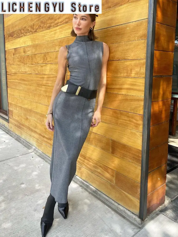 New Elegant Grey Women Long Pencil Dress Elegant Stand Collar Sleeveless Bodycon Dresses Office Lady Dress Party Club Robes