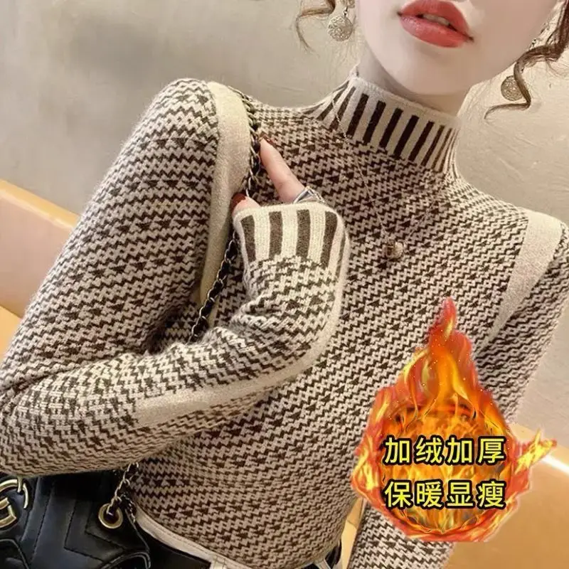 Sweater Jacquard kerah tinggi setengah tinggi wanita, atasan lengan panjang lebih tipis tampilan hangat santai musim gugur dan musim dingin