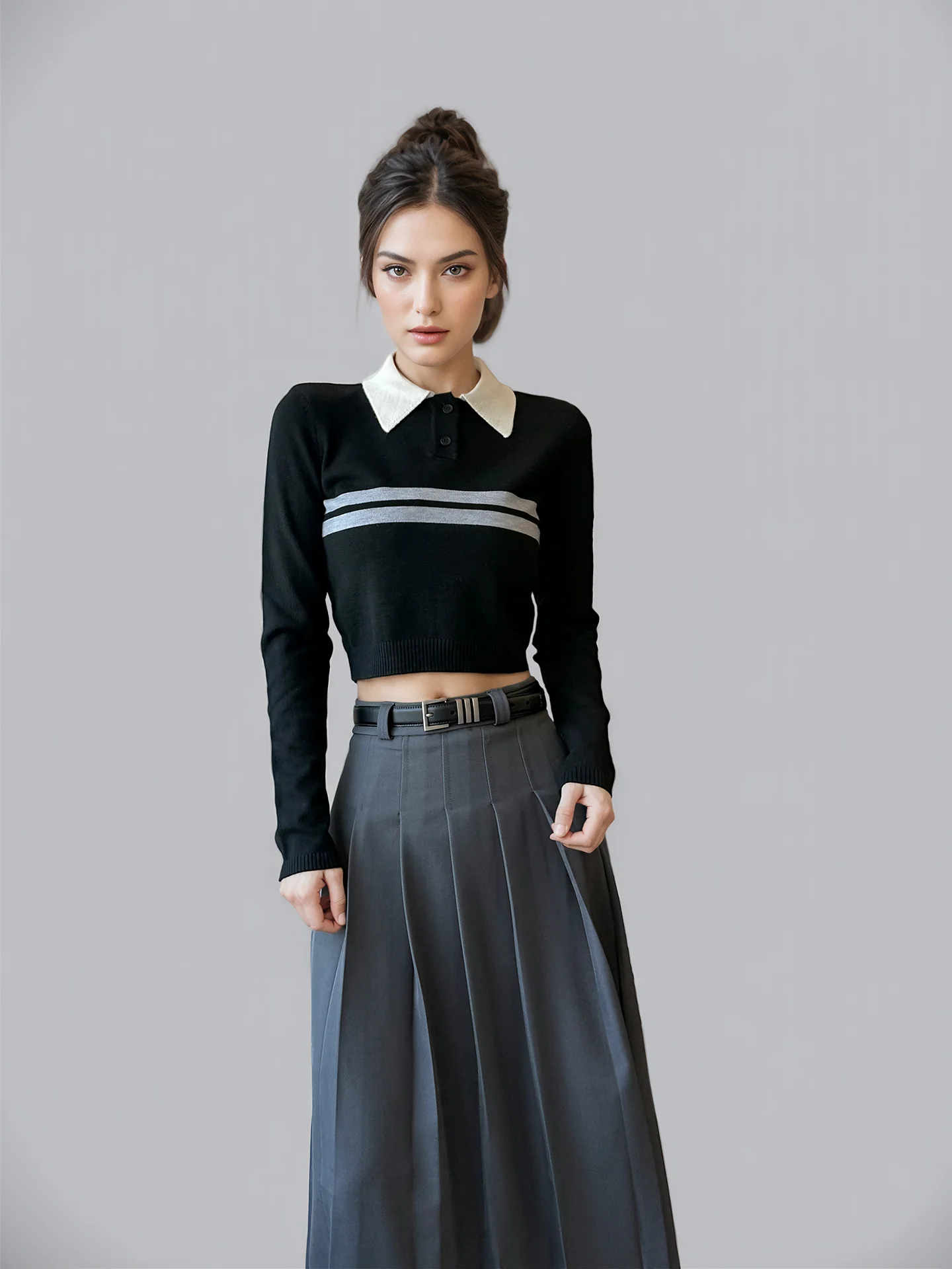 

ANGJIA Винтажный универсальный вязаный свитер для женщин с воротником, цветными вставками и полосками, на двух пуговицах, модный повседневный топ