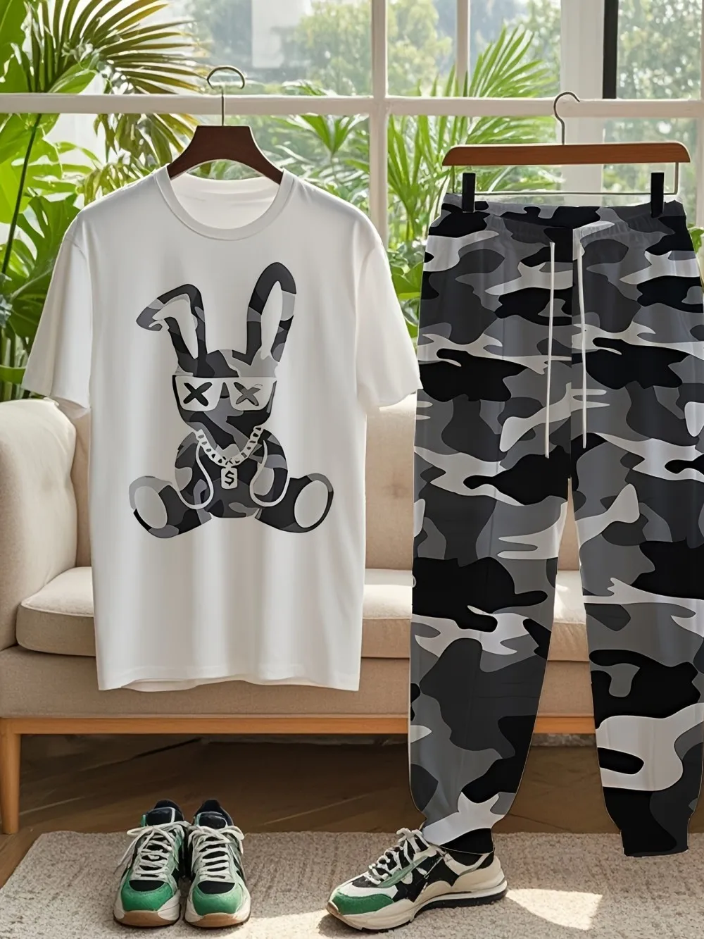 

Summer new men's trendy bunny print breathable and comfortable round neck T-shirt and pants set outdoor casual two-piece set