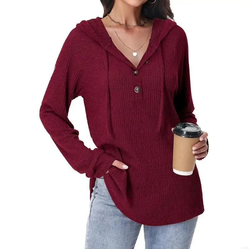 여성용 까마귀 V 넥 까마귀 버튼 다운 경량 니트 풀오버 긴 소매 스웨트 탑 6XDA