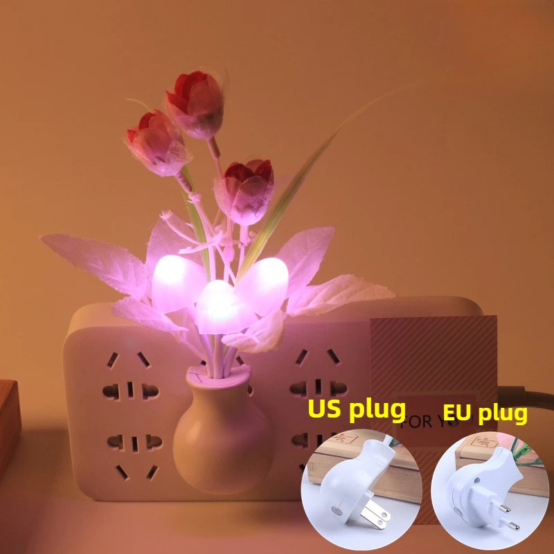 LED Colorful Flower Lamp Night Light EU/US Plug Luminous Lamp Sensor Home Bedroom Decoration Fancy Lighting Plant Nightlight