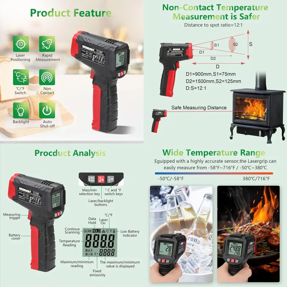 

Infrared Thermometer Gun WG380,-22°F to 716°F,Instant-Read Handheld,Non-Contact Surface Laser Thermometer for Cooking, Grill, Ov