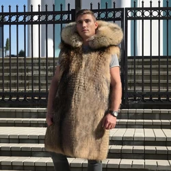 Custom Hooded Fur Vest Men Waistcoat Real Raccoon Fur Coat Autumn Winter Casual Fashion Fur Jacket Oversize Outwear