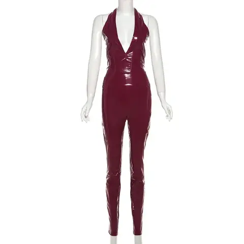 Women Sexy Red PU Leather 2 Piece Set Deep V-neck Halter Backless Bodysuits Top + Back Zipper High Waist Pencil Pants Suits