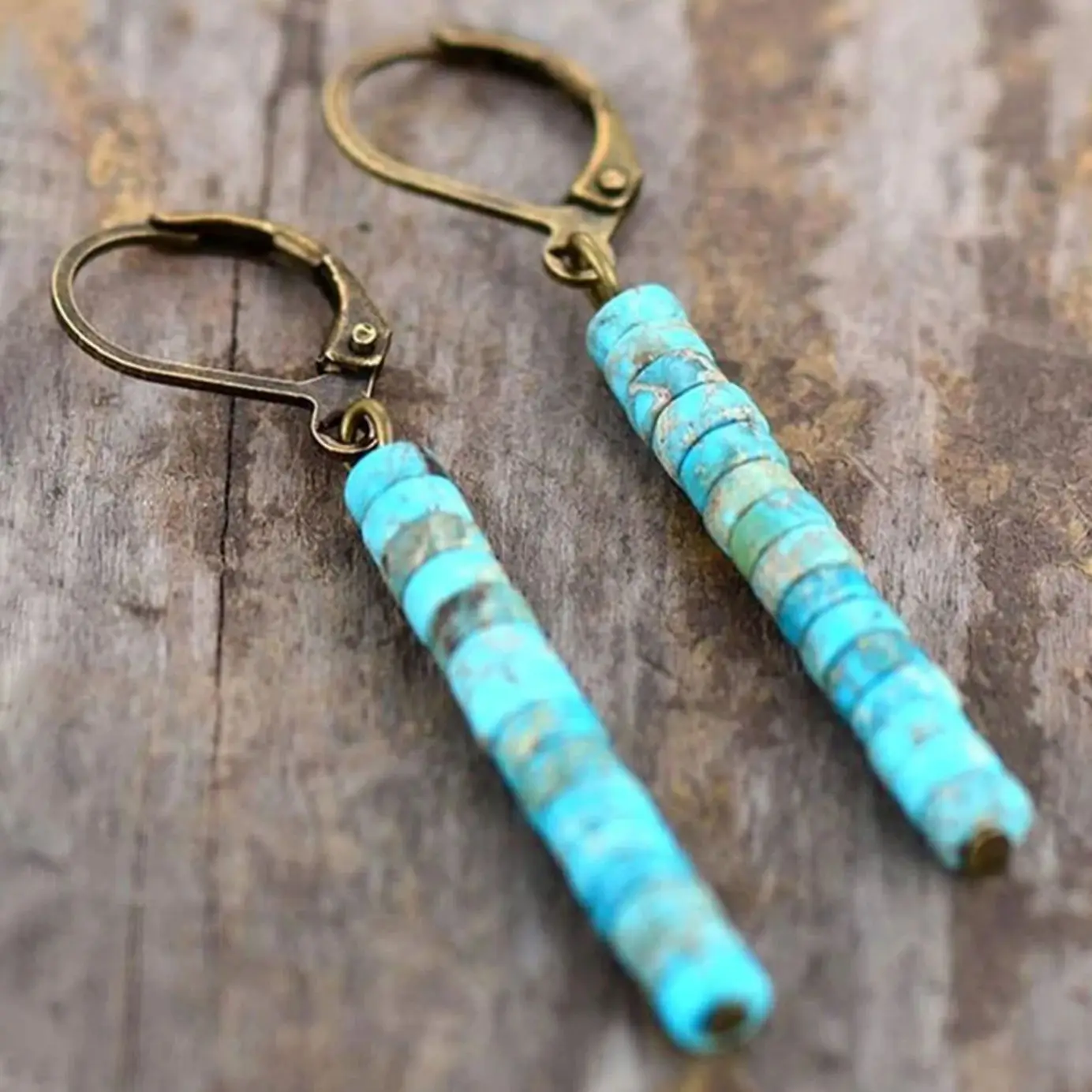 2pcs Vintage Ethnic Style Cylindrical Geometry Boho Natural Stone Metal Polychrome Color Earring Pendant Woman Party Prom