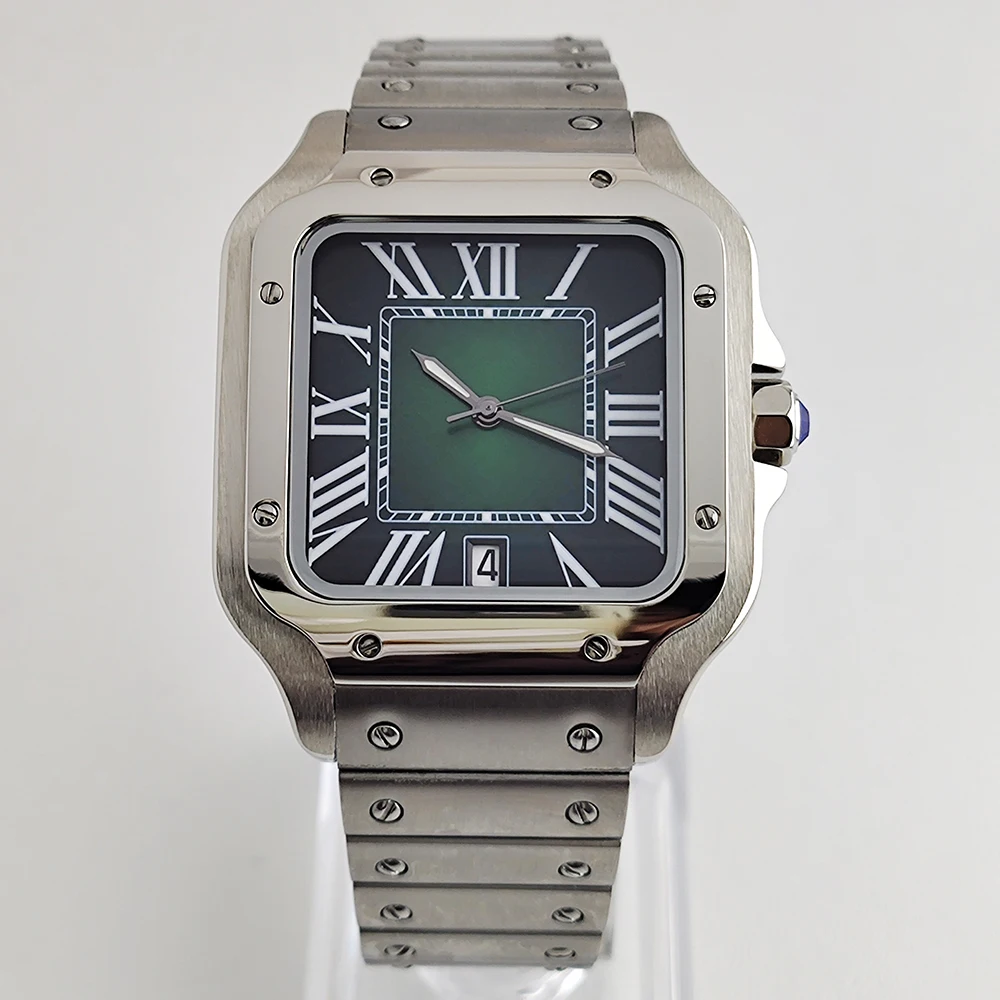 Reloj personalizado, reloj cuadrado, mecánico automático, números romanos, abertura para fecha, reloj de moda para hombre, reloj de acero inoxidable
