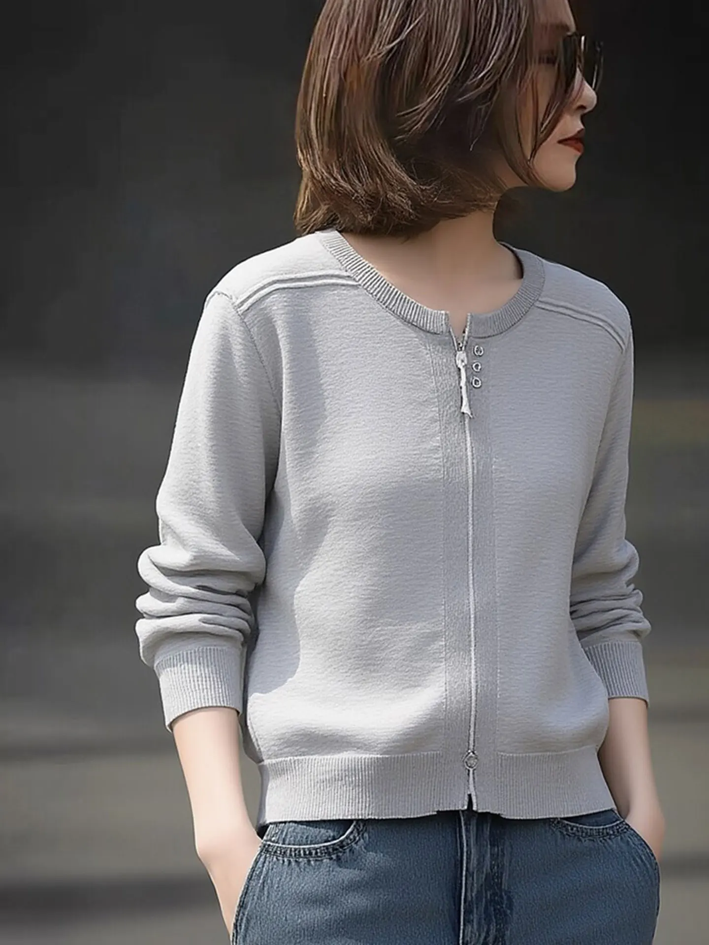 

Ele Pure Color Zipper Long Sve round Ne Knitted Sweater Women's Spring Faionable Versatile Korean Sle Straight Cut