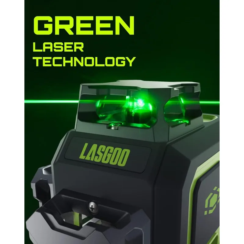 2025 LG-3D Laser Level Self Leveling 3x360°,   2 Rechargeable Batteries (20 Hrs), Magnetic Liftable Stand Included, Green