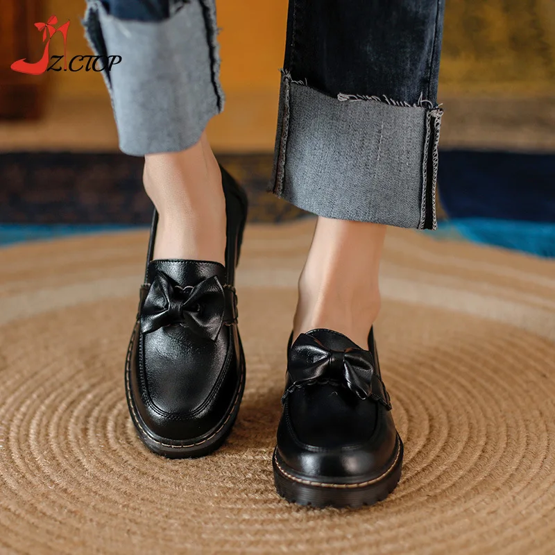 British Style Platform Loafers Women Slip On Bow Soft Sole Thick Heel Retro Leather Shoes Japanese College Lolita Shoes Black