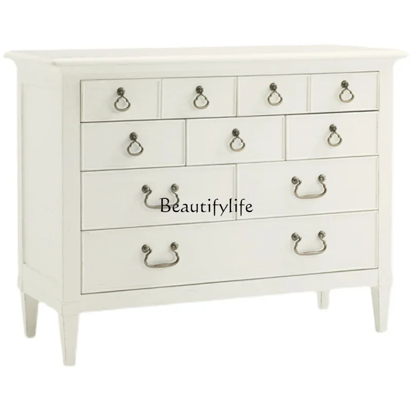 

FG11American White Solid Wood Multi-Drawer Cabinet Mediterranean Pastoral Country Retro Storage Organizer Decoration Side Cabine
