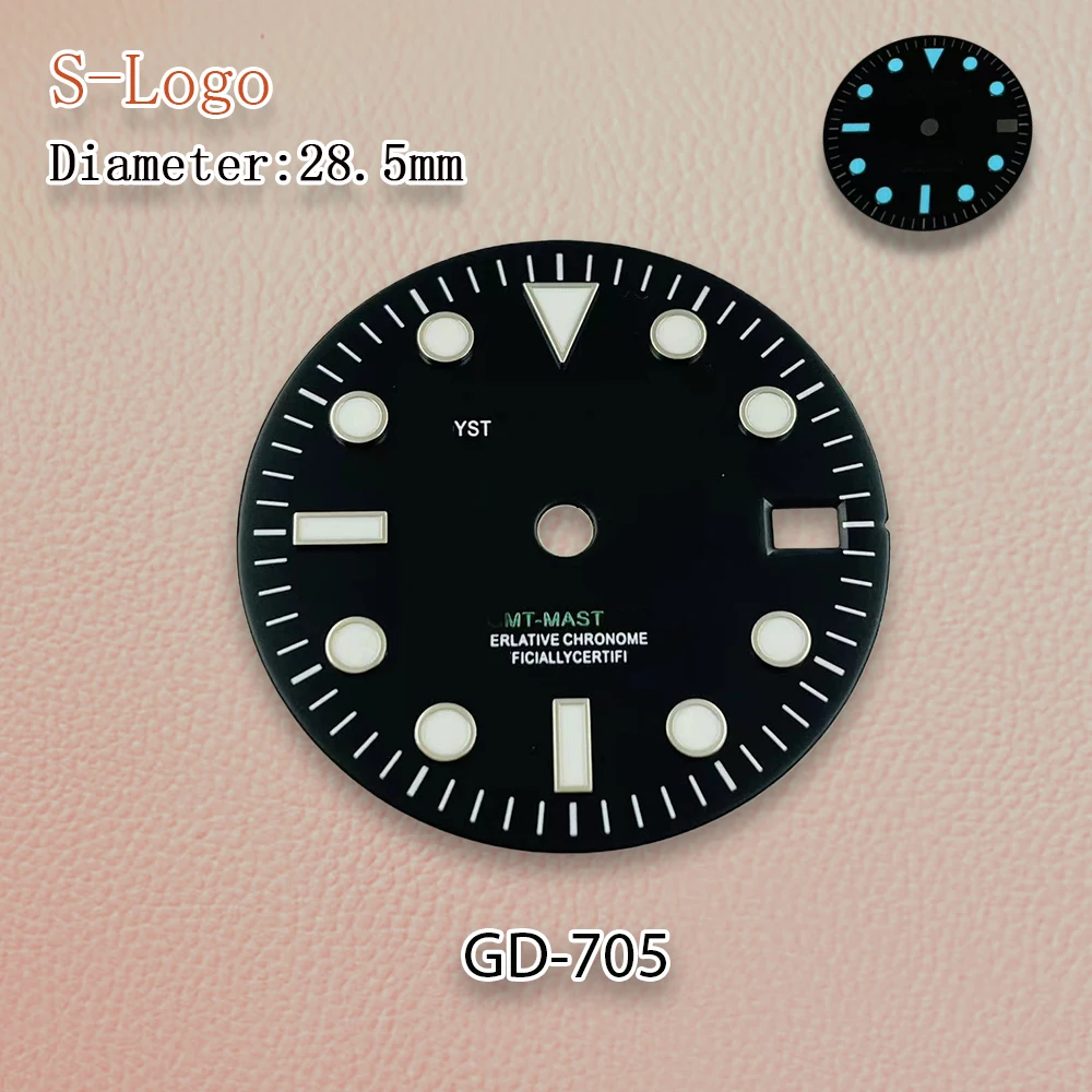 28.5mm S Logo Black GMT NH34 Dial Silvery Index Movement Ice Blue Luminous High Quality Watch Modification Accessories Repair