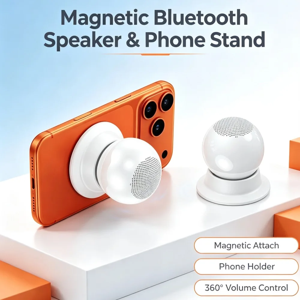 2 in 1 Magnetic Bluetooth Speaker With Phone Holder Portable Wireless Audio Player 360° Rotary Volume Control Desktop Speaker