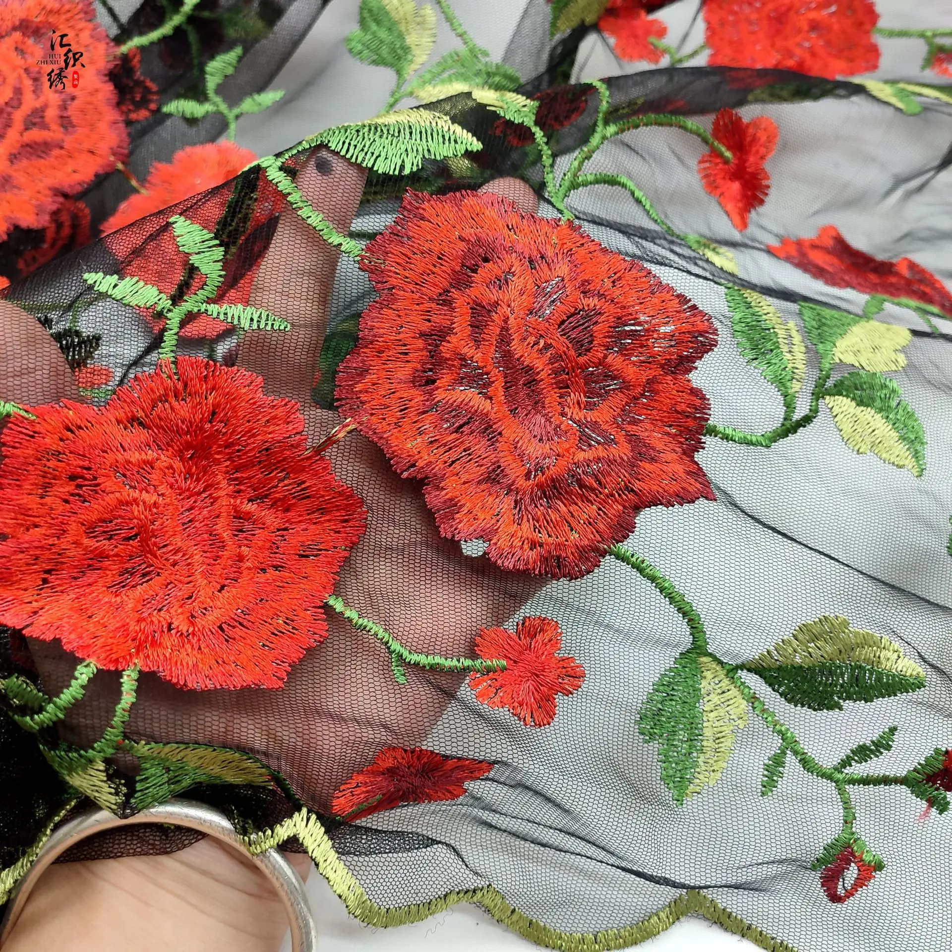 Black Red Peony Flower Embroidery Lace Fabric Net Fabric Material Dress clothing Materials Designer Fabric