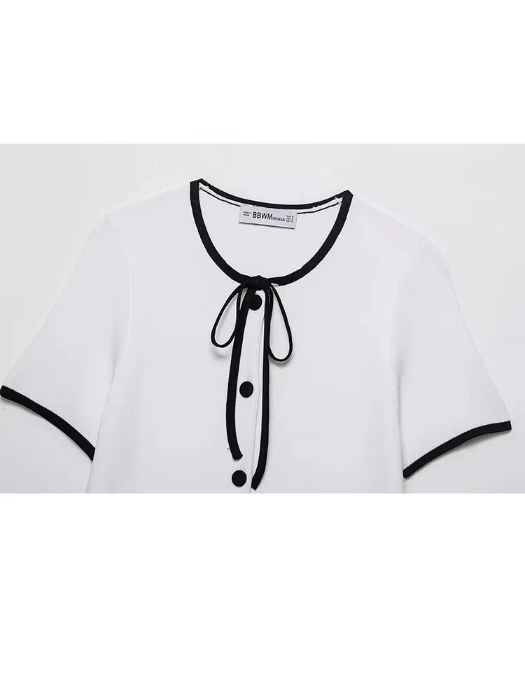 HH Damski Kardigan Casualowy Biały z Dekoltem O-Neck, Krótkim Rękawem, Kieszeniami, Zapinany na Guziki, Damski Sweter z Kokardą i Sznurowaniem, Top 2025