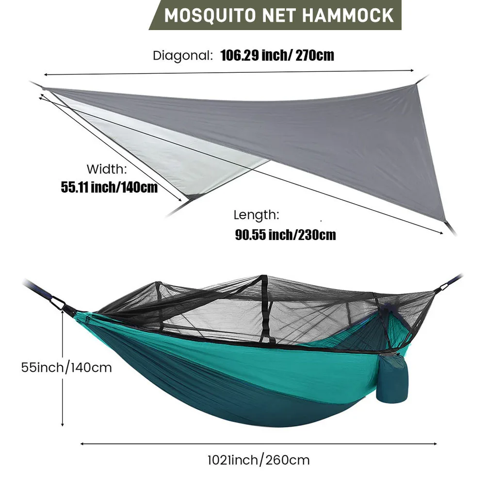 260x140cm Outdoor Double Camping Hammock with Mosquito Net and Rain Fly Tarp Lightweight Parachute Hammocks for Travel Hiking