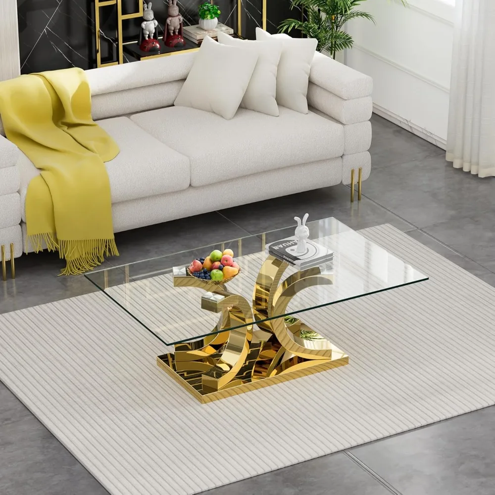 Glass Coffee Table with Gold 4C Stainless Steel Metal Leg, Rectangular Clear Tempered Glass Center Stainless Steel Tea Table