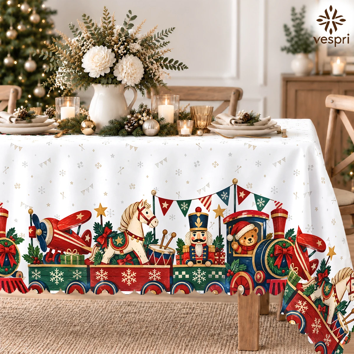 Nutcracker Tablecloth with Foxes, Toy Train, Snowmen for Indoor/Outdoor Camping decor, Rectangular/Round/Oval