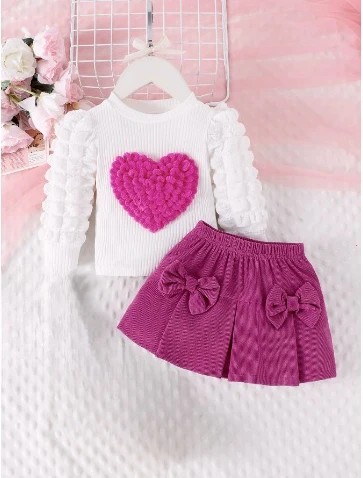 Conjunto de roupas para meninas, manga bufante, patchwork canelado, padrão de coração, tops + saia plissada com laço, conjuntos de duas peças para roupa de bebê de 0 a 3 anos