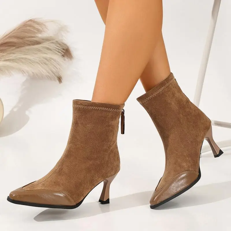 2026 Autumn Thin Heel Pointed Toe Ankle Boots Faux Suede Sexy Short Boots for Women Elegant Back Zipper Plus Size 42 Booties