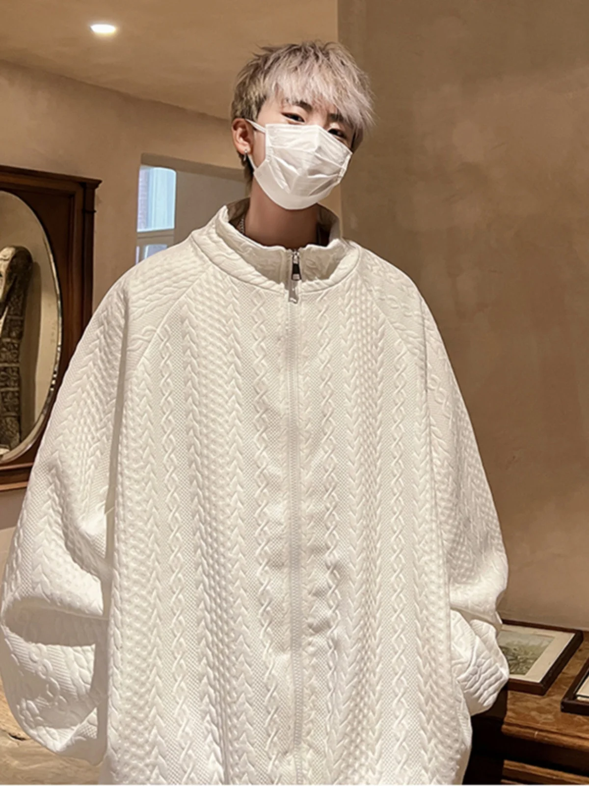 

Мужской кардиган-пальто American Sle оверсайз с воротником-стойкой и ромбовидным узором, весенне-осенний, модный брендовый, винтажный, с плетеными элементами