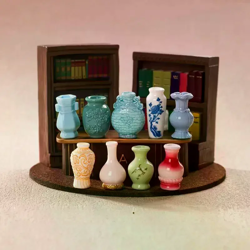 9Pcs Mini Antique Vase Resin Ornament Vintage Porcelain Style Vase Model Decor For Dollhouse Landscape Scene Desktop DIY Crafts