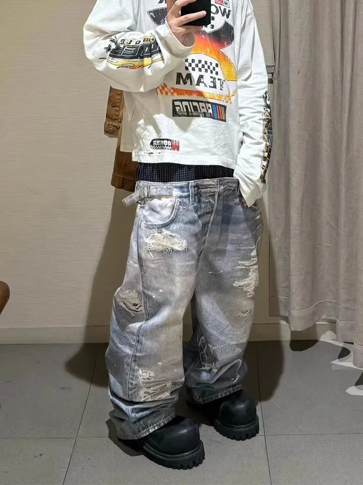 Retro American Double Waist 3D Digital Print Hole Cut Denim Pants Loose Floor-Length Wide Leg Jeans for Men And Women