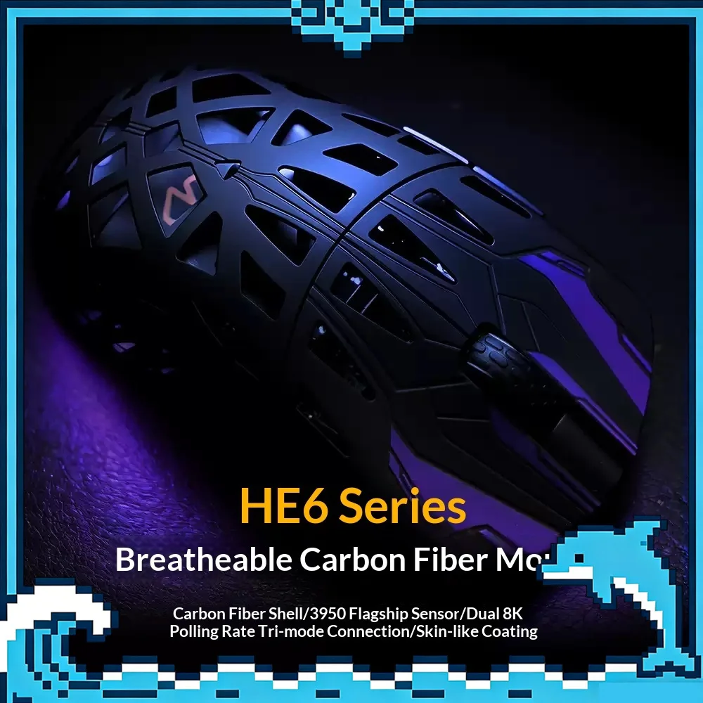 IROK HE6 Lightweight Carbon Fiber Wireless Gaming Mouse PAW3950 30000DPI 8K Polling Tri Mode