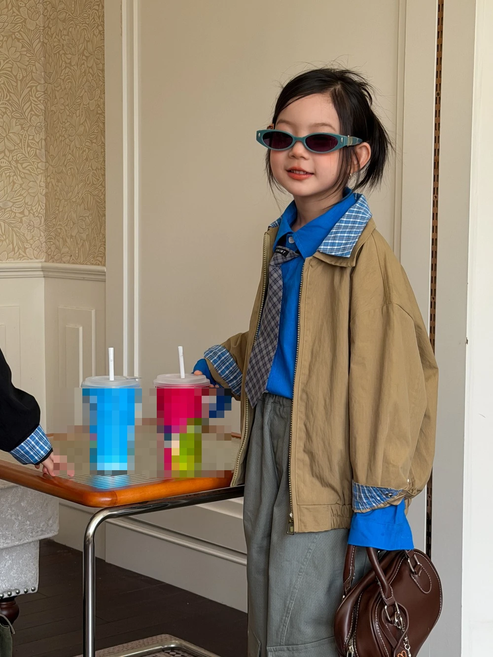 2026 Kids Autumn New Jacket 2026 Fall Boys Girls Korean Fake Two Layer Plaid Patchwork Jacket Kids Zip Top