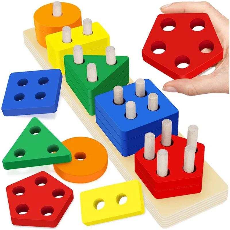 Montessori teaching aids wooden geometric shape columns five sets children cognitive building blocks matching educational toys