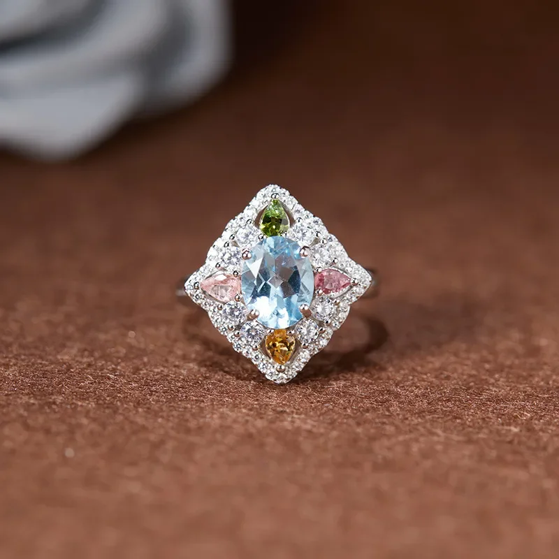 Natural color treasure citrine amethyst topaz tourmaline ring women's s925 sterling silver live broadcast explosion factory