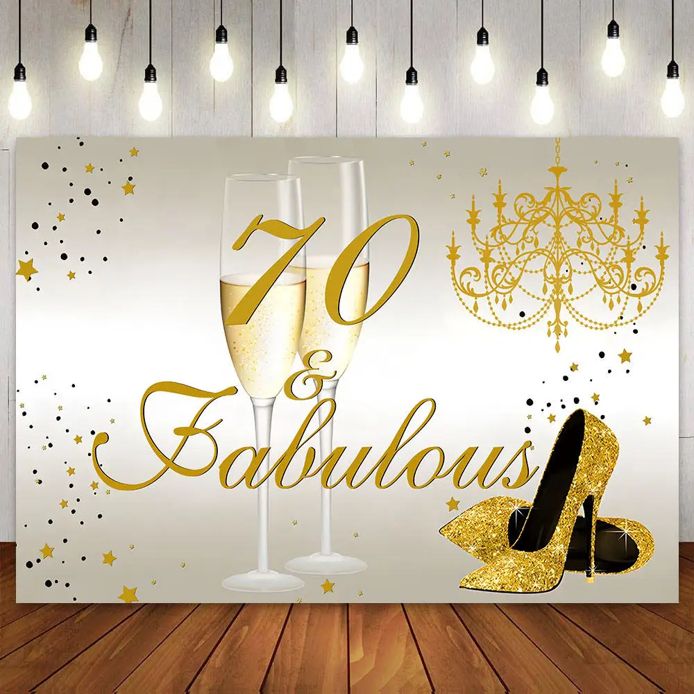 Happy 70th Birthday Backdrop for Women Party Decoration Banner Champagne Rose Gold High Heels Fabulous Photography Background