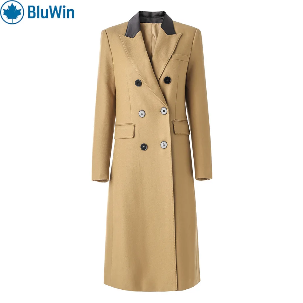 

URBANCHIC Double-Breasted Long Blazer Coat - Contrast Lapel Structured Tailoring Warm Wool-Blend,long blazer coat,contrast lapel